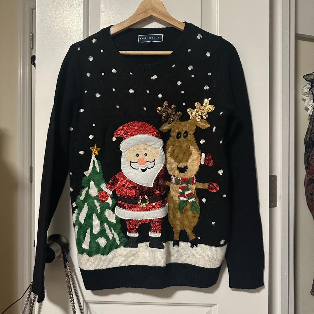 Karen Scott Black Festive Sweater with Santa and Reindeer